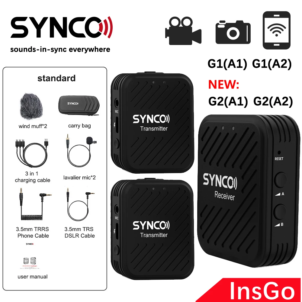 

SYNCO G1A1 G1A2 Wireless Microphone System Kit 2.4GHz Lavalier Mic for Smartphone Laptop DSLR Tablet Camcorder Recorder