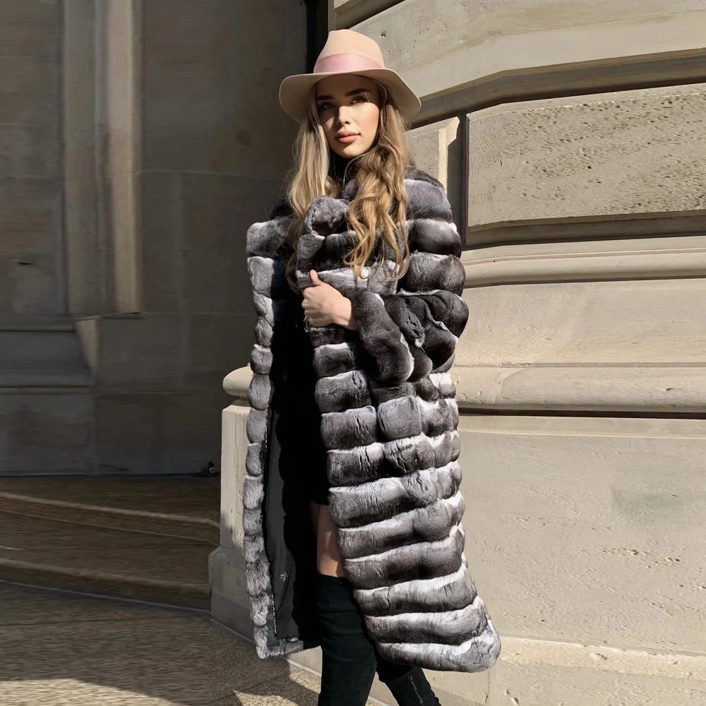 Fashion Long Real Rex Rabbit Fur Coat with Turn-down Collar 2022 New Trendy High Quality Genuine Rex Rabbit Fur Coats Outwear