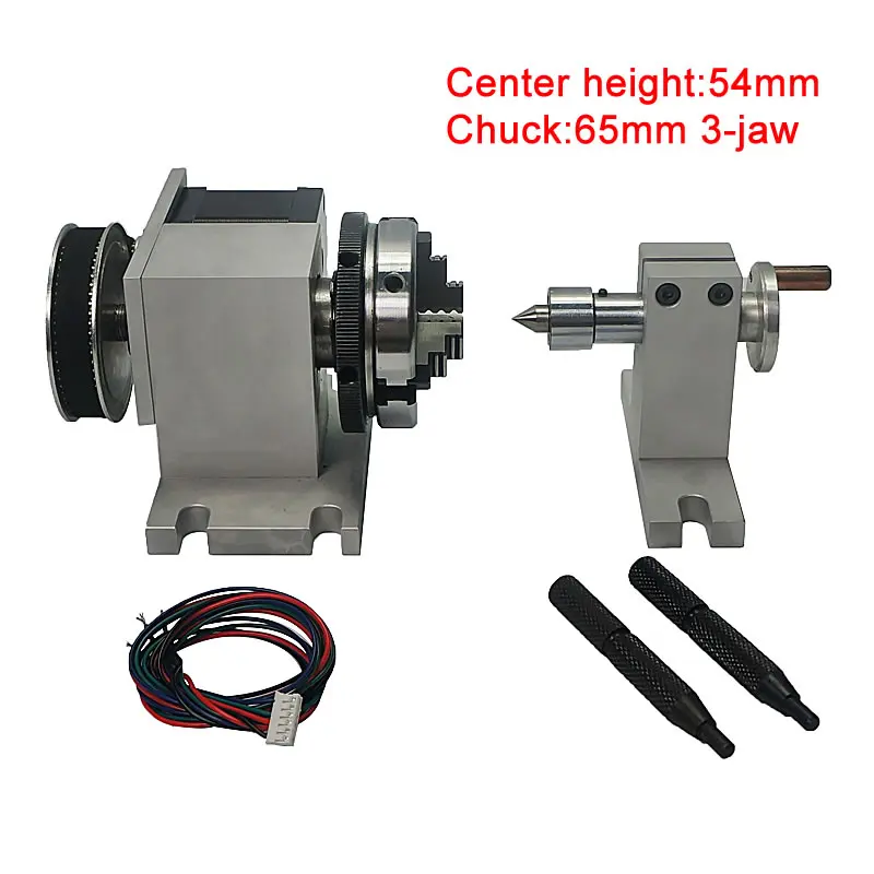 

DIY cnc rotary axis A axis chuck 65mm 3-jaw tailstock kit 4th axis for cnc 3020 3040 6040 engraver router center height 54mm