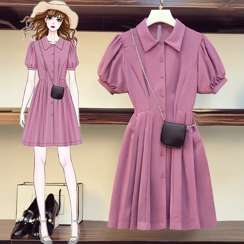 Женское платье рубашка средней длины с рукавами фонариками и отложным