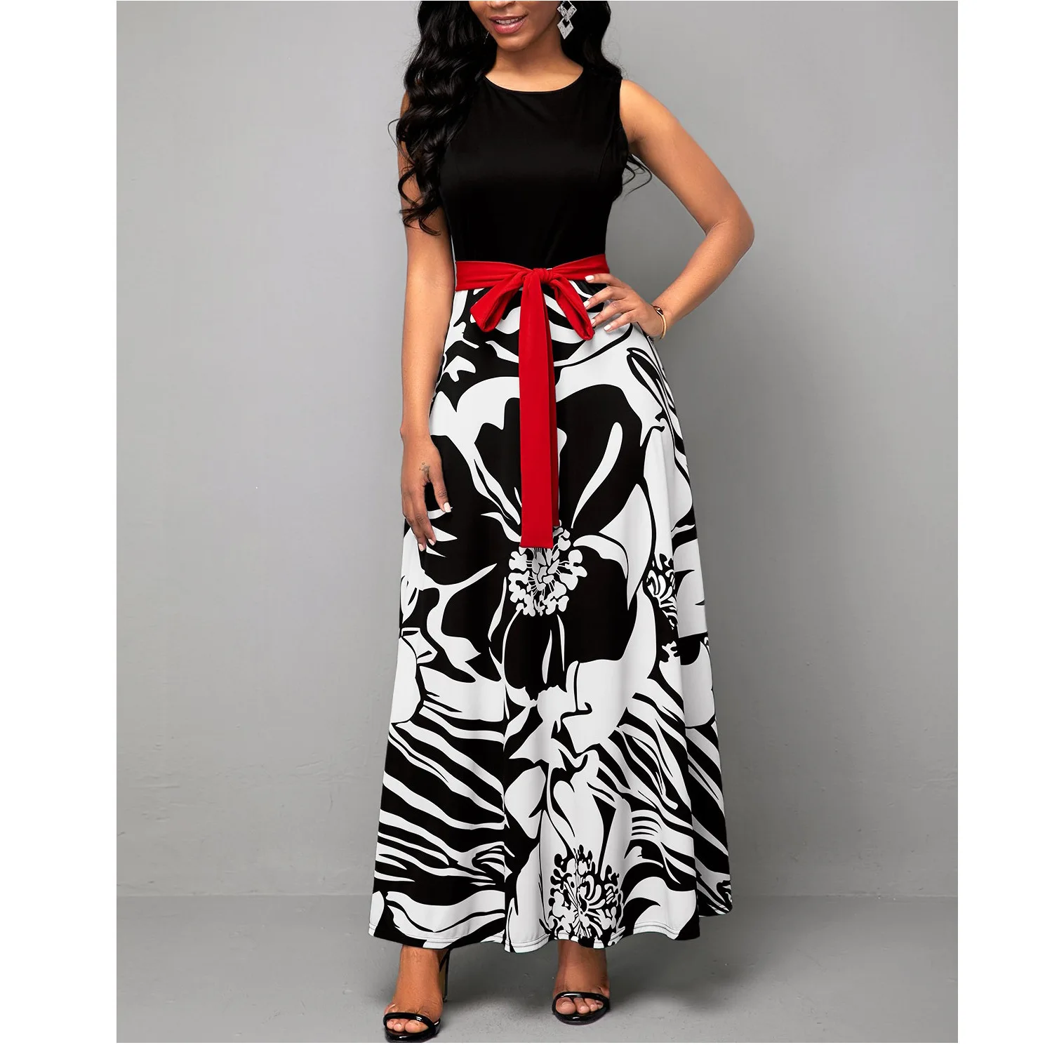 

Women Summer 2021 Fashion Sexy Sleeveless A-line Maxi Dress Vintage O-neck Sashes Solid Patchwork Print Elegant Dress Vestidos