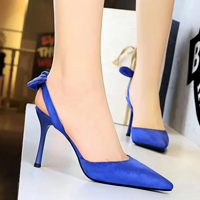 Boussac Elegant Bowtie Slingback High Heel Women Pumps Sexy Pointed Toe High Heels Ladies Shoes Suede Thin Heel Party Shoes B233