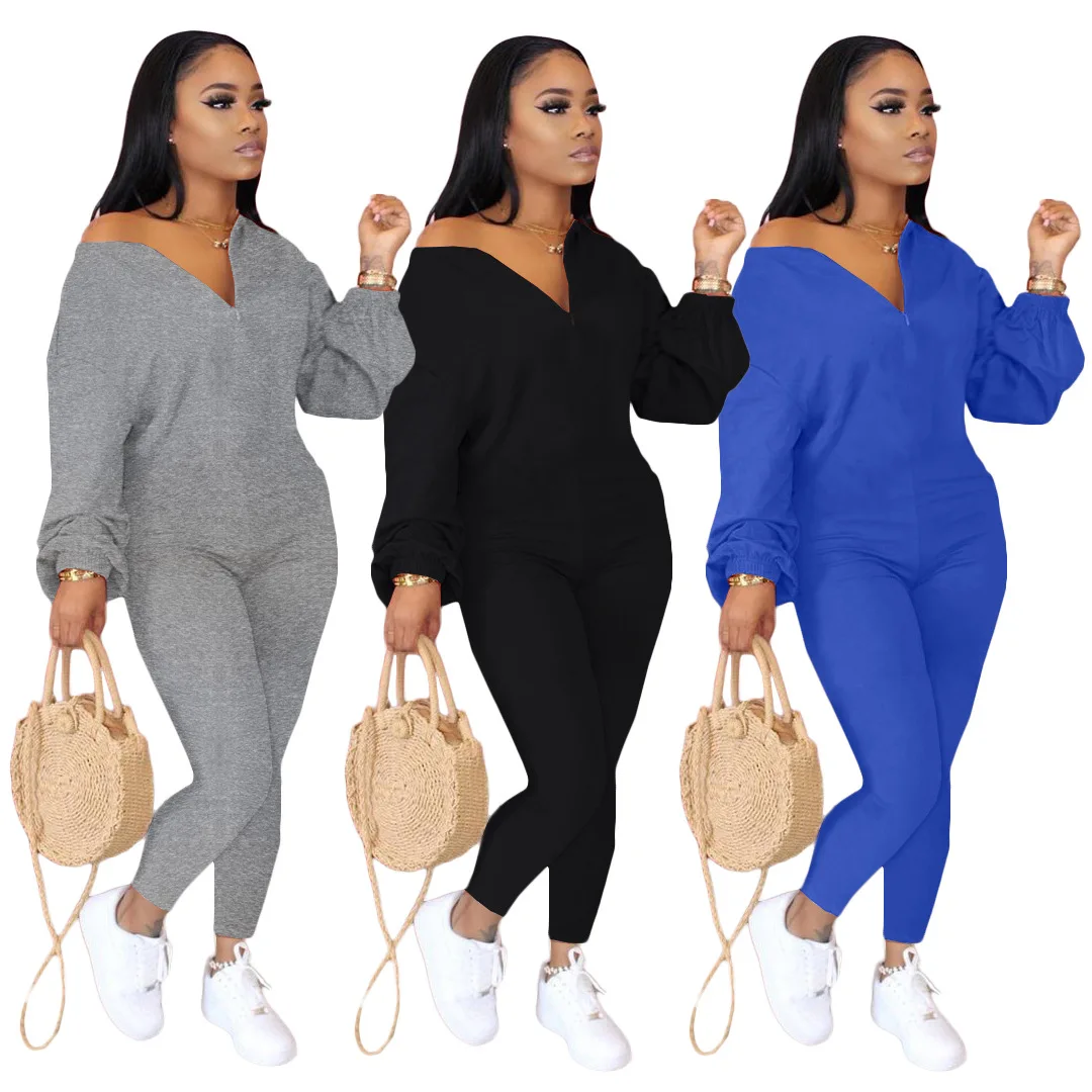 

High Elastic Women Solid Casual Jumpsuits 2021 Spring New Arrivals Lady's V-neck Zipper Lantern Sleeve Skinny Rompers