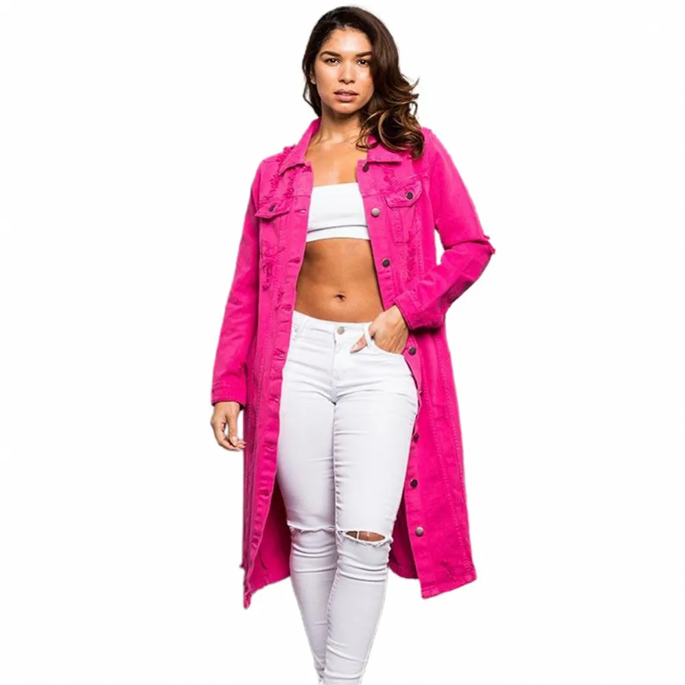 

Loose Slim Ripped Denim Long Sleeve Jacket Dress Red Denim Long Button Lapel Windbreaker 2022 Autumn And Winter New Casual Women