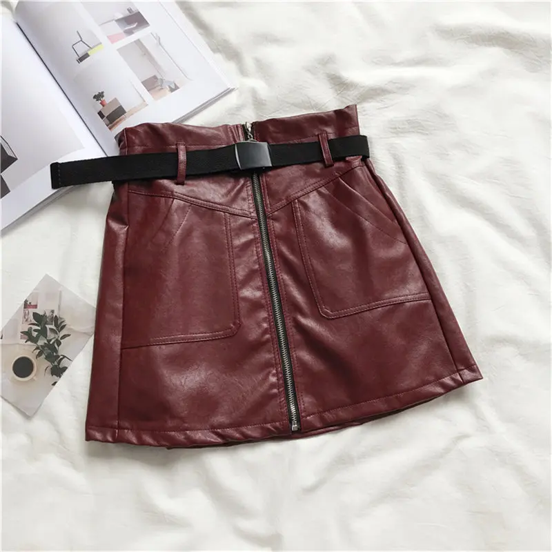 

HziriP Vintage Slimming Zipper Lace Up PU Leather Plus All-Match Stylish Women Summer Sexy Pockets A-Line Sashes Mini Skirts