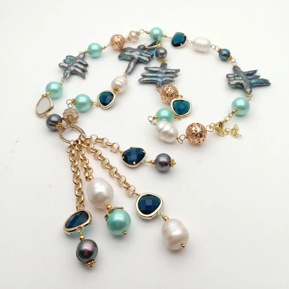 

26'' Cultured Black Baroque Keshi Pearl Crystal multi color Sea Shell Pearl Necklace sweater chain for women jewelry