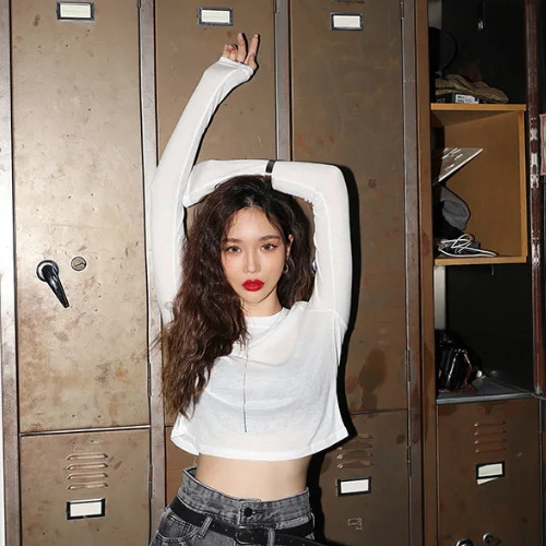 Женская эластичная футболка облегающий Топ с длинным рукавом в Корейском стиле