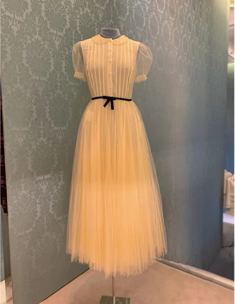 

French Retro Maxi Dress Women Mesh Stitching Doll Collar Bow High-waist Dress Lace Embroidered Banquet Floor-length Dress