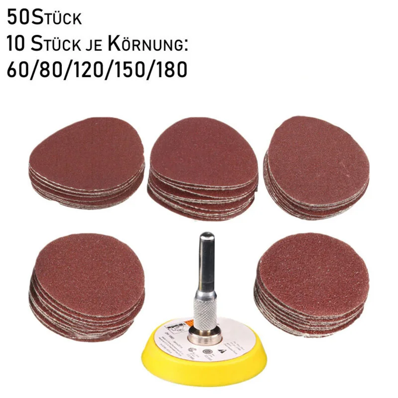 

50pcs 50mm Sandpaper Disc Polishing Thread M6x1.0 Grit 60/80/120/150/180 Each 10