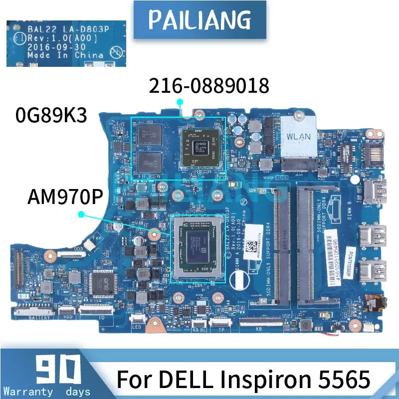 para Dell Inspiron 5565 Am970p Computador Portátil Placa-mãe 0g89k3 La-d803p 2160889018 Ddr4 Notebook Mainboard Placa-mãe para notebook