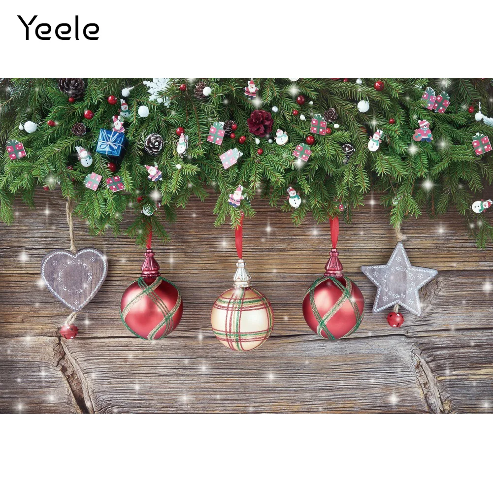 

Фон для фотосъемки Yeele с изображением рождественских колокольчиков шаров сосновых ветвей коричневой деревянной доски