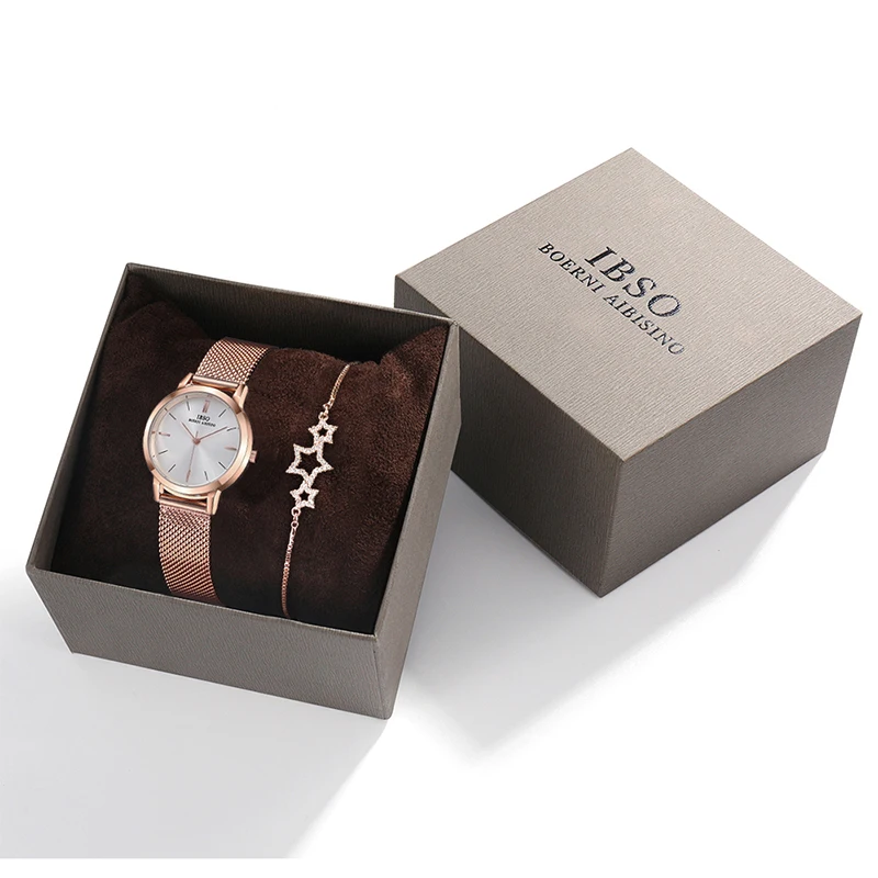 Набор женских ультратонких серебряных часов IBSO 8 мм, сетчатый Браслет из нержавеющей стали, кварцевые часы, набор часов для дам, подарок