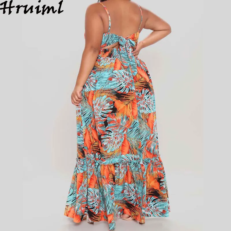 

Bohemian Dress Summer Fashion Floral Printing Sexy Sling Dress Female Plus Size Floor-Length Deep V-Neck Hem Split Women Dress