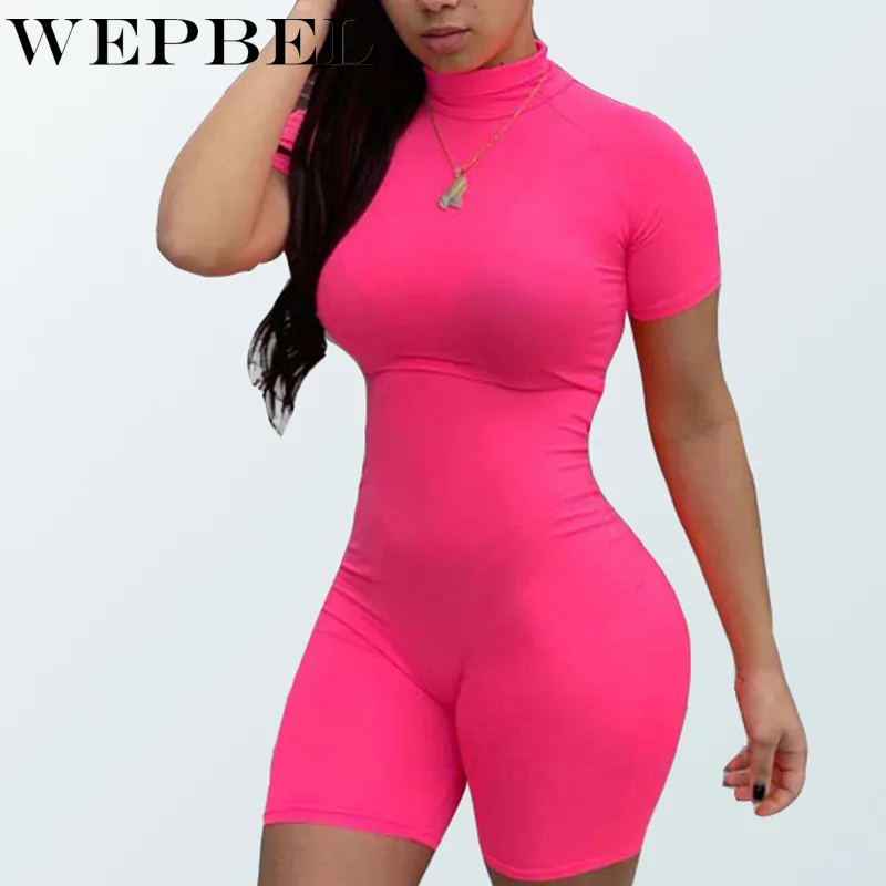 

WEPBEL Women Skinny Bodysuit Short Sleeve Playsuit Solid Color Rompers Female Turtleneck Fashion Casual Jumpsuit Romper