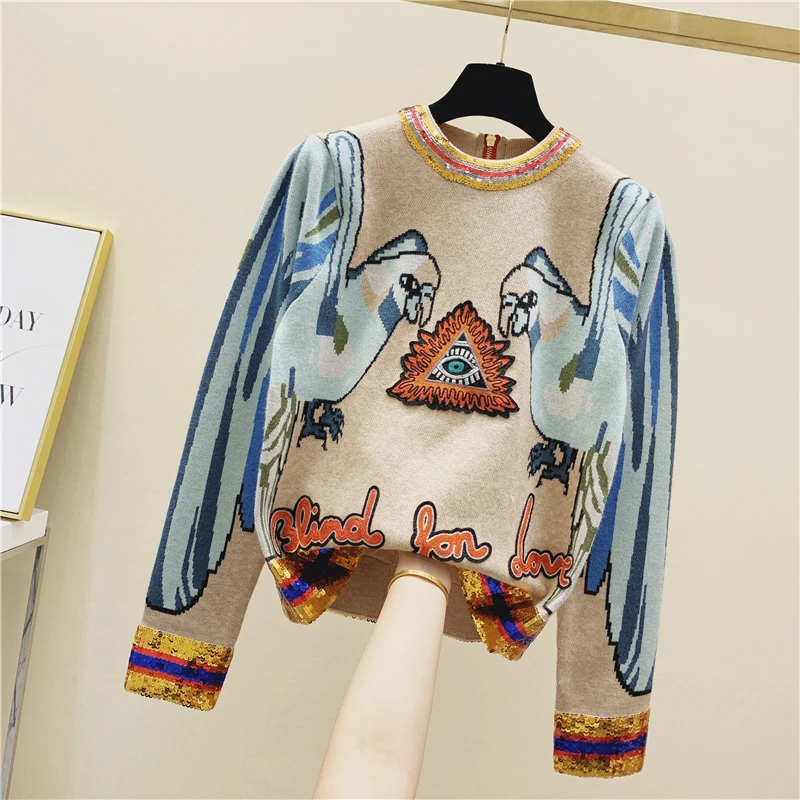Fashion Pattern Sweater Women Sequined Stereo Parrot Embroidered Back Zipper Gold Long-Sleeve Round-Neck Sweaters Jumper | Женская