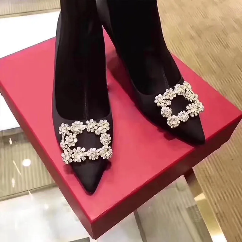 

Runway Diamond Genuine Leather Black Women Midi Boots Designer Pointed Toe This Heels Ladies Party High Heels Shoes Pumps