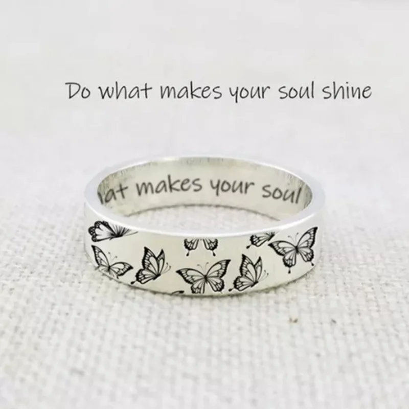 

Vintage Do What Makes Your Soul Shine Letter Women's Rings Simple Carving Butterfly Pattern Rings for Women Party Jewelry Gift