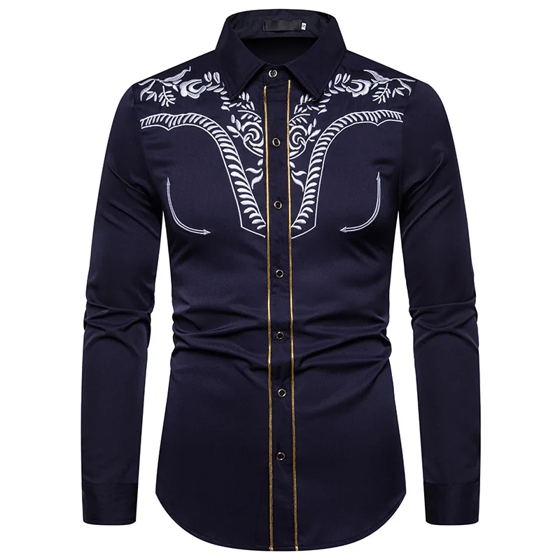 Мужская ковбойская рубашка с цветочной вышивкой и золотыми краями|Повседневные