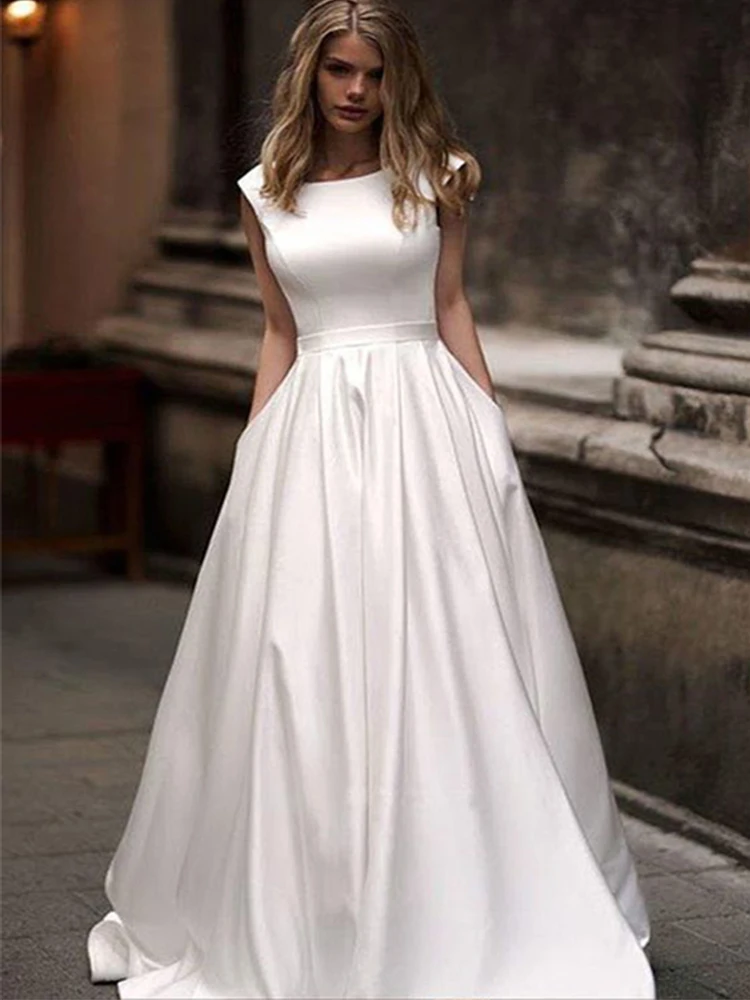 

Свадебные платья с карманом 2020 Vestido de novia атласные белые свадебные платья без рукавов Бохо сад длина пола свадебное платье