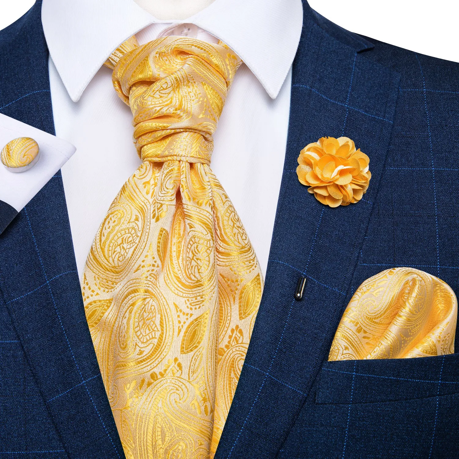 

Classic Wedding Ascot Tie For Men Yellow Gold Red Paisley Floral Scarf Silk Neck Tie Brooch Pin Set Cravat Ascot Tie For Banquet
