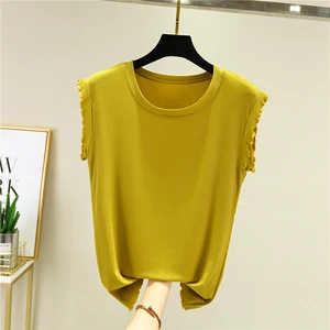 Модальные Женские футболки, Новинка лета 2021, облегающие однотонные элегантные офисные топы с круглым вырезом и оборками на рукавах