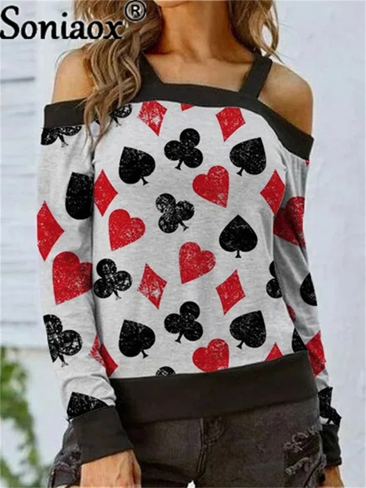 

Poker Print Off-Shoulder T-Shirts Women 2021 Autumn Casual Fashion All-Match One Word Collar Ladies Sexy T-Shirt Tops