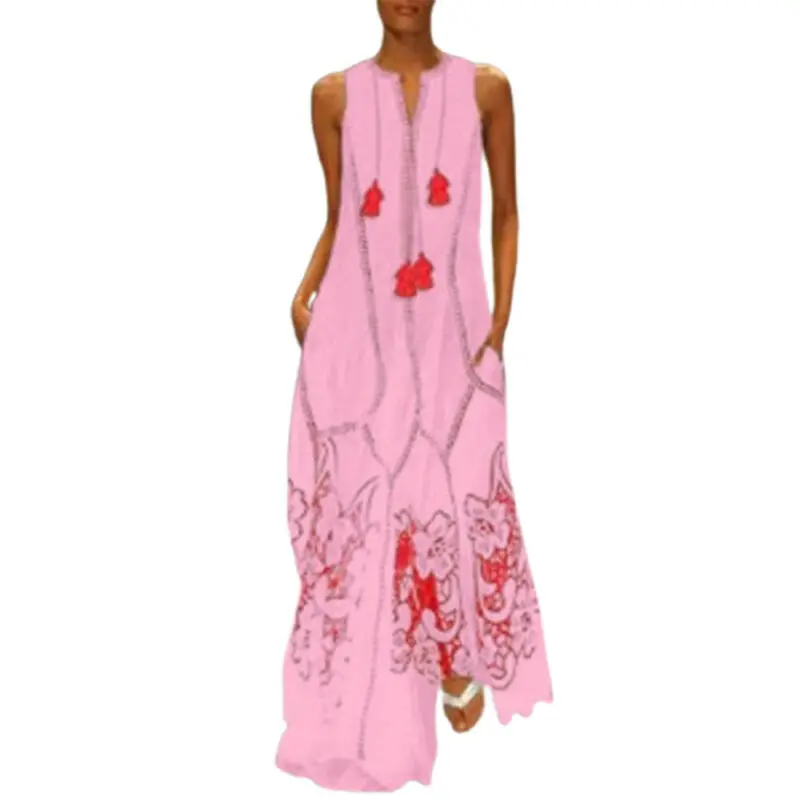 

Женское платье-майка в винтажном стиле, Дамская с цветочным принтом 2021, летнее пляжное платье без рукавов, Модное Длинное Платье-кафтан с v-о...