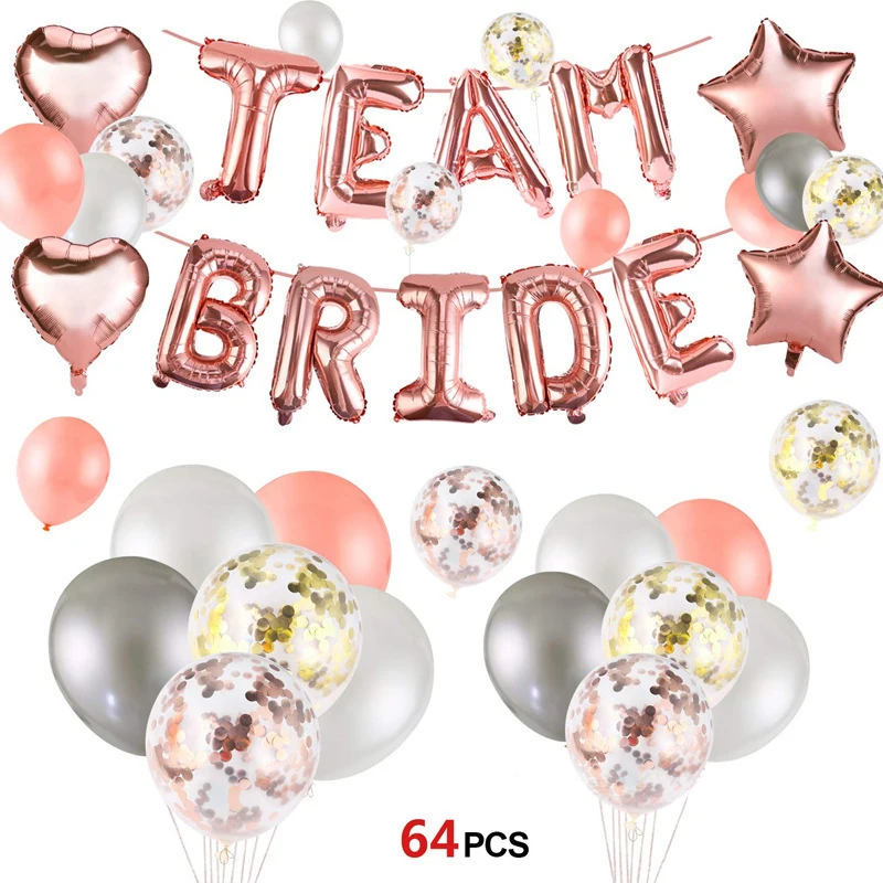 

64Pcs Rose Gold Team Bride Letter Foil Balloon Bachelor Party 18 Inch Heart Balloon for Hen Party Decoration Globos
