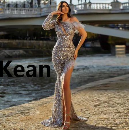 

Rhinestone Mermaid High Slit Evening Dresses Feathers One Sleeve robe de soiree Evening Gowns Prom Dress Vestidos De Festa