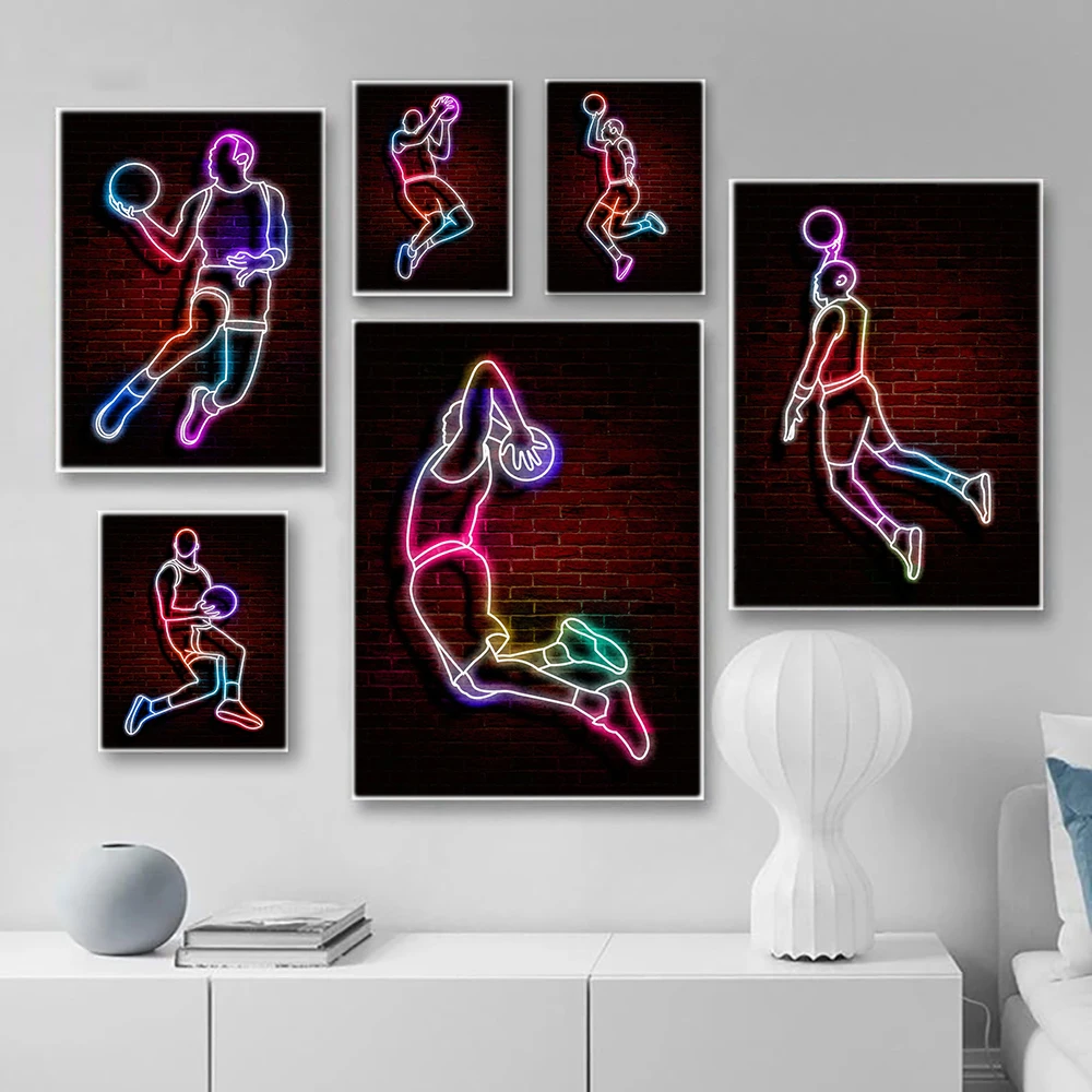 

Neon Light Fancy Basketball Sport Canvas Painting Wall Art Nordic Posters and Prints Wall Pictures for Living Room Decoration
