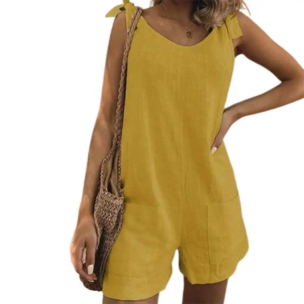 

Women Jumpsuit Solid Color Shoulder Strap Summer Round Neck Wide Leg Pockets Playsuit Solid Color Sleeveless Pockets Jumpsuit