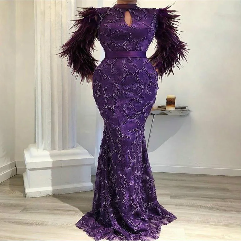 Purple Feather Prom Dresses High-neck Lace Beaded Long Sleeves Evening Dress Custom Made Sweep Train Chic Mermaid Sheath Party D