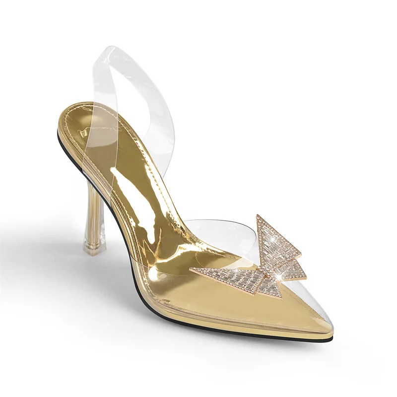 Richealdiana – escarpins à bout pointu en métal Transparent, escarpins à talons aiguilles, en PVC, avec fermoir papillon, chaussures de décoration en métal