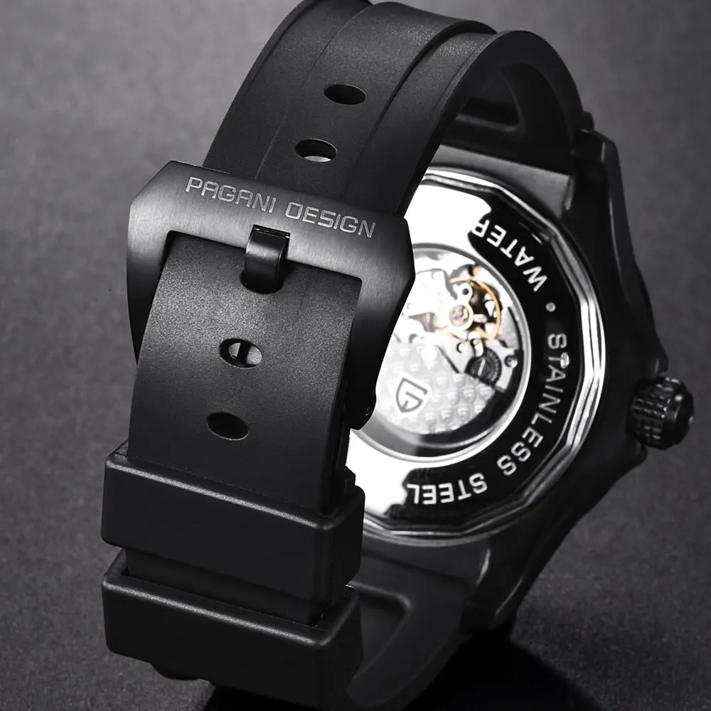 Pagani Дизайн черный циферблат Дата резиновый ремешок PVD Черный корпус из