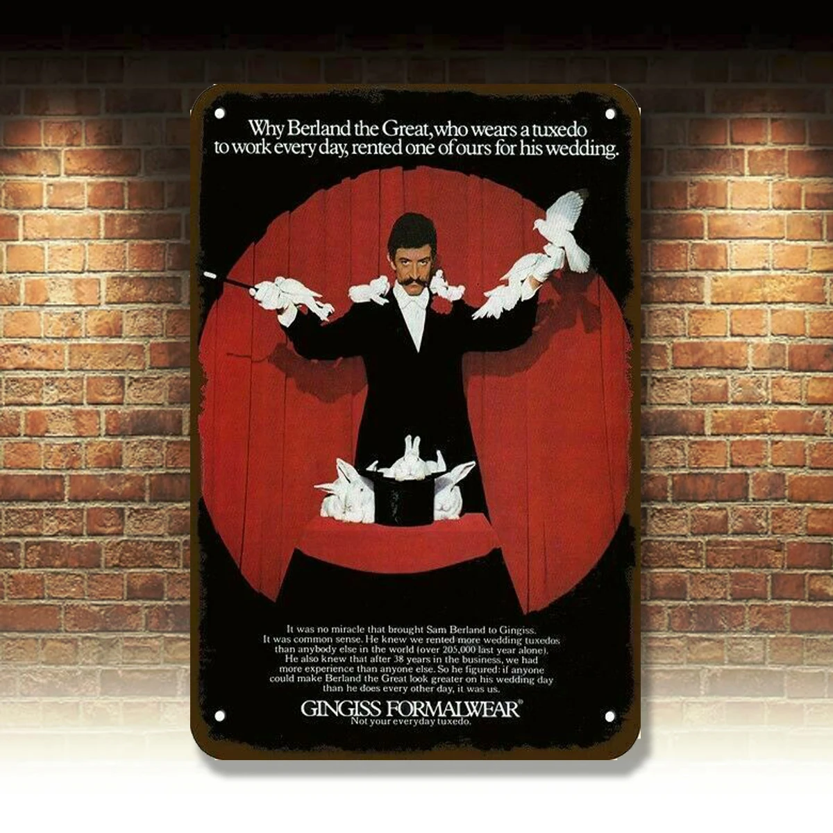

1974 GINGISS FORMALWEAR Vintage Look METAL SIGN - MAGICIAN BERLAND THE GREAT
