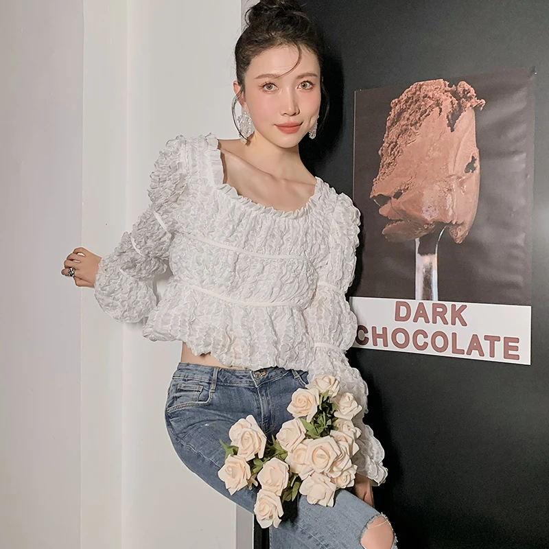 

Korejepo Women Shirt 2021 Summer New Sweet Fairy White Solid Square Collar Flare Sleeves Hollow Back Slit Lace Short Tops Female