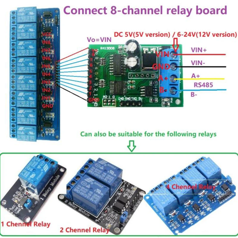DC 5-24 В 8-канальный модуль RS485 Modbus Rtu протокол AT Command Многофункциональное реле ПЛК