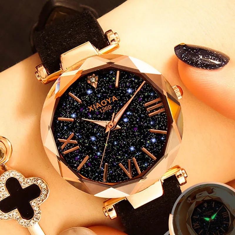 

2020 Luxury Brand Women's Watches Personality Romantic Starry Sky Wristwatch Leather Rhinestone Designer Ladies New Dropshipping