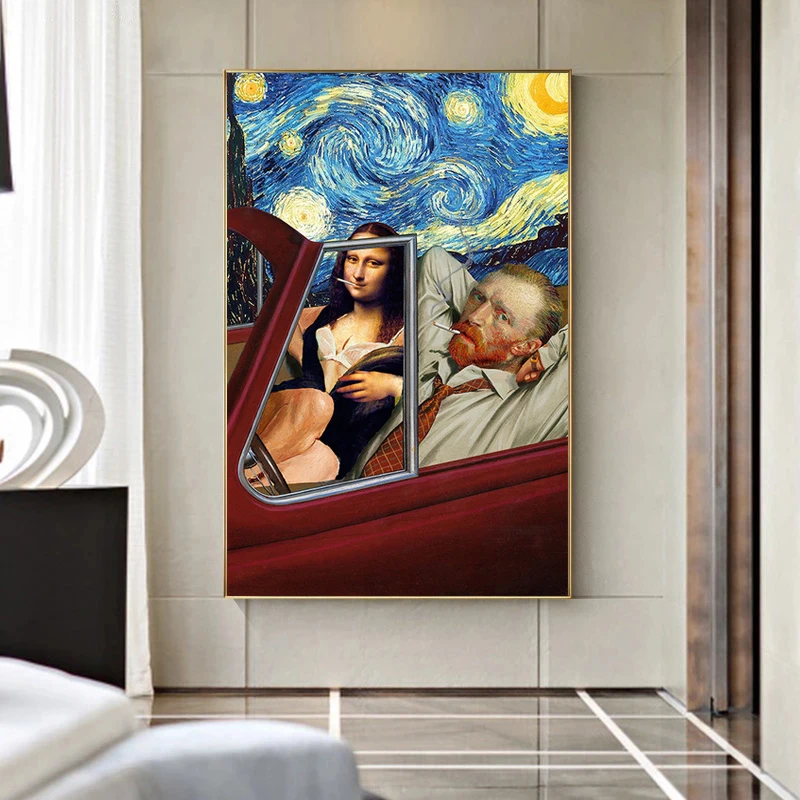 

Funny Art Mona Lisa Van Gogh Smoking In Car Canvas Painting Poster Starry Night Wall Art Prints Pictures for Living Room Decor