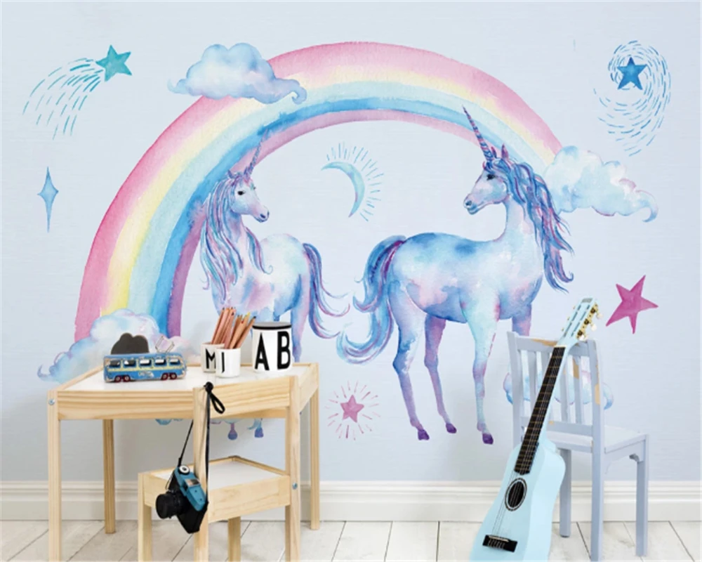 

beibehang Custom size 3d wallpaper original cute beautiful rainbow unicorn pegasus children background papel de pared wallpaper