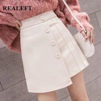 realeft autumn winter pu leather sexy mini skirts single breasted high waist sheath wrap skater a line skirts female 2020 new