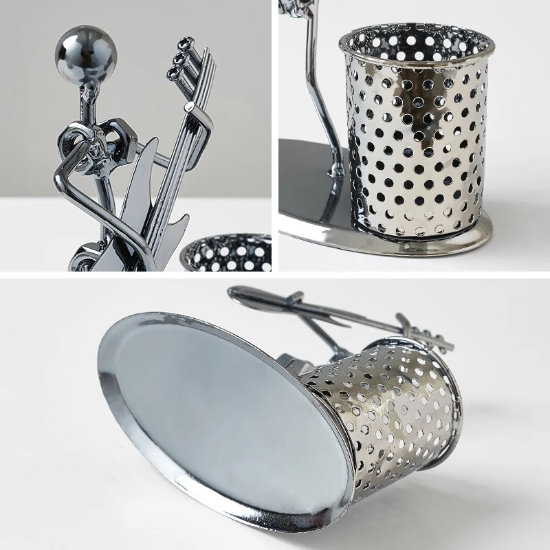 

Metal Crafts Fashion Iron Guitarist Model Pen Holder Office Storage Tools Ornament Home Art Decoration Accessories Birthday Gift