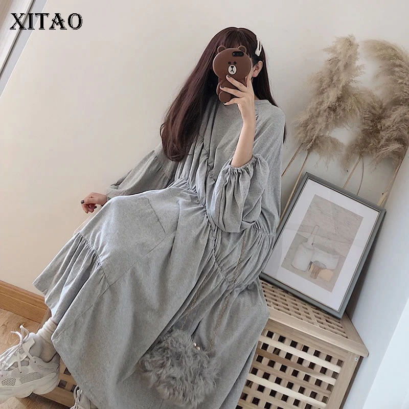 XITAO плюс размер с высокой талией Миди платье для женщин Корея Мода 2019 осенние