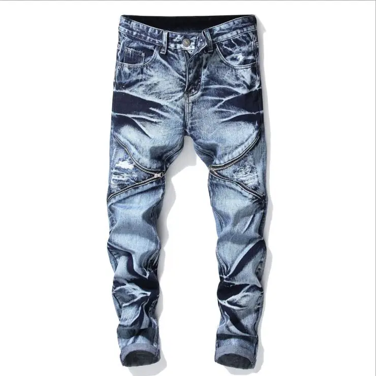Men Jeans Hole Men's Slim-Fit Stretch Ripped With Cuffs Male Denim Trousers Plus Size 42 | Мужская одежда