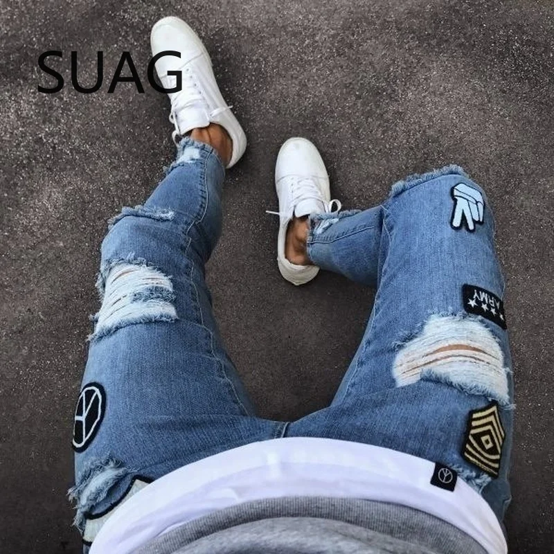 

Men Pants Ripped Skinny Locomotive Embroidery Badge Pants Straight Slim Trousers High Quality Men's Trousers High Quality 4XL