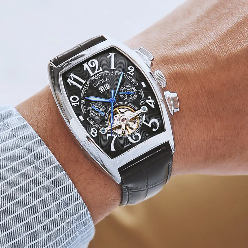Классический дизайн, автоматические мужские часы, Tourbillon, механические часы со скелетом, мужские, с защитой от ветра, водонепроницаемые, кожаные, Relogio Masculino