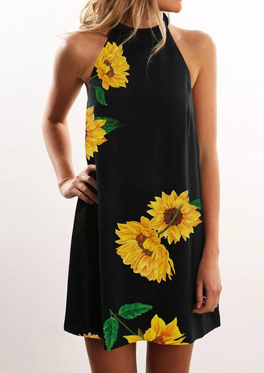 

Sunflower Halter Casual Mini Dress Women Loose Black Dresses 2020 Summer Sleeveless Mini Dress Fashion Party Dresses