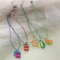 summer fruit series beaded necklace apple avocado grape watermelon lollipop plastic pendant necklace for friends girl women