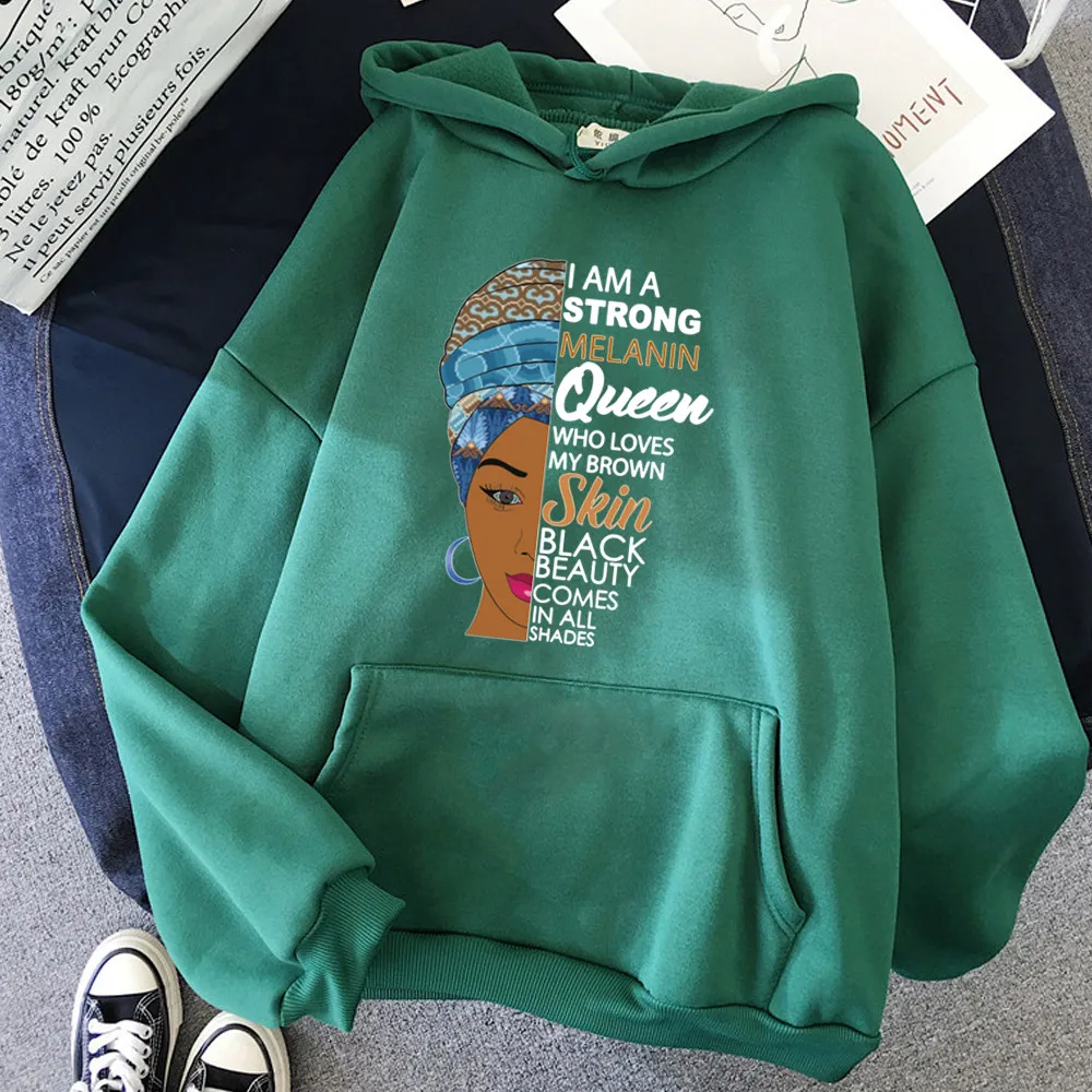 Women I Am A Strong Melanin Queen Sweatshirt Autumn Loose Long Sleeve African Black Girl History Month Hoodies Drop Ship | Женская