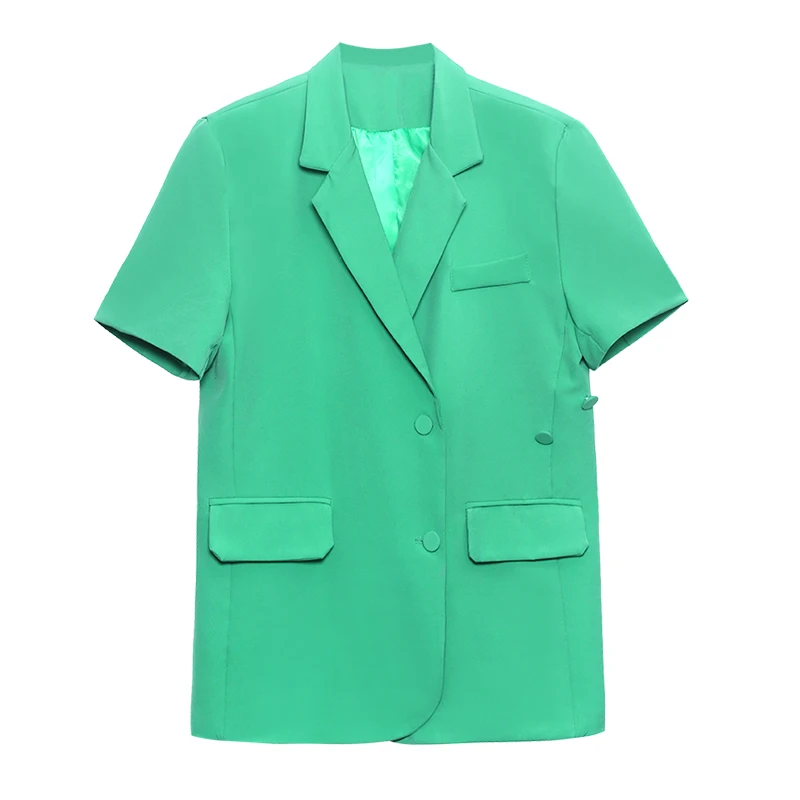 

[EAM] Women Green Big Size Pocket Casual Blazer New Lapel Half Sleeve Loose Fit Jacket Fashion Tide Spring Summer 2021 1DD7571